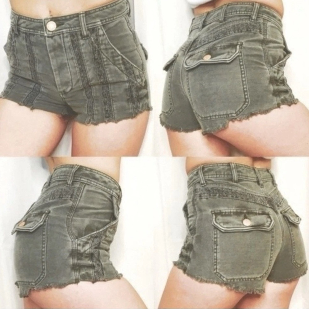 NEW Free People denim Shorts Bohemian lace Denim jean Buttons fly green SIZE 0